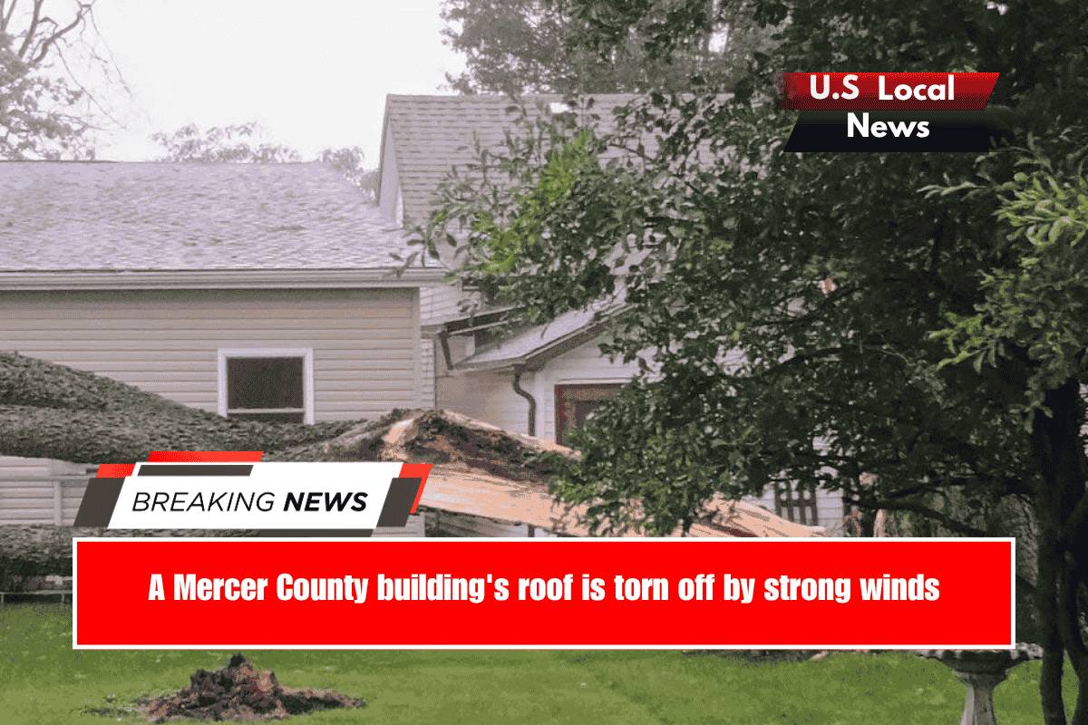 A Mercer County building's roof is torn off by strong winds