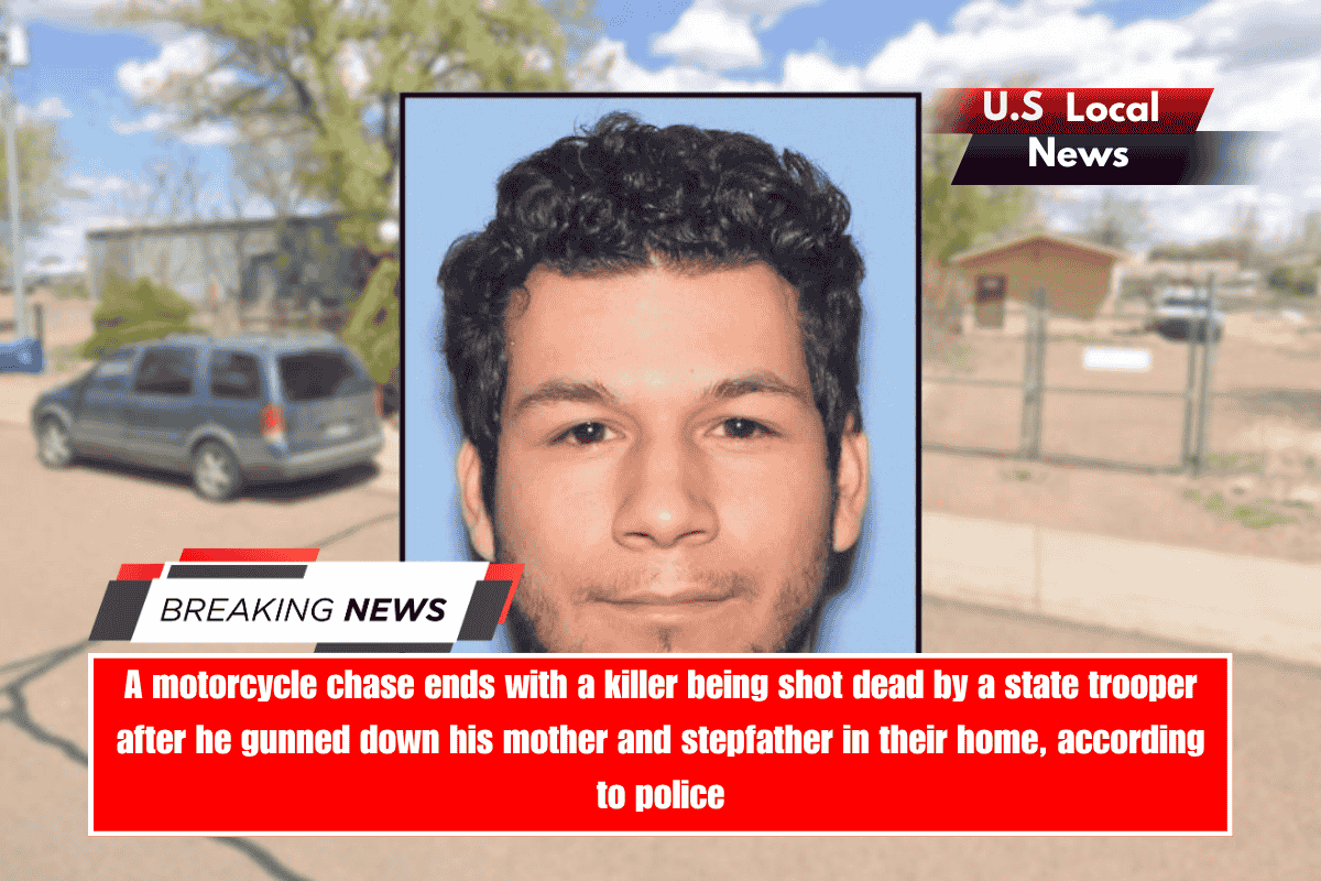 A motorcycle chase ends with a killer being shot dead by a state trooper after he gunned down his mother and stepfather in their home, according to police