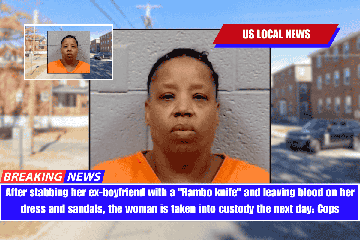 After stabbing her ex-boyfriend with a Rambo knife and leaving blood on her dress and sandals, the woman is taken into custody the next day Cops