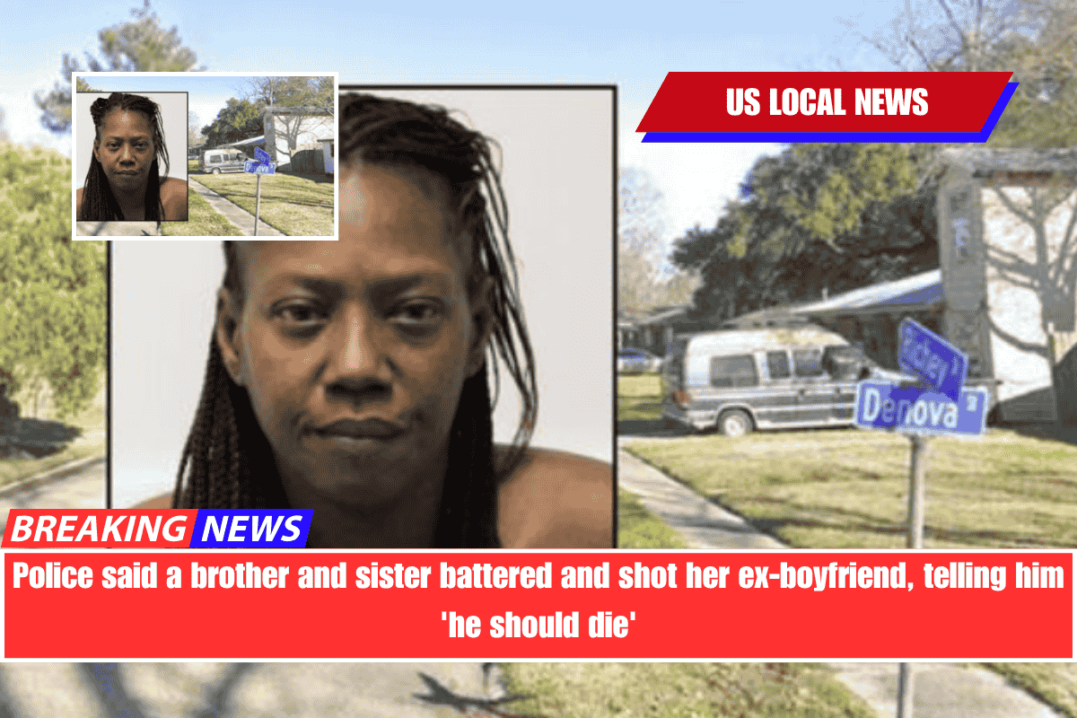 Police said a brother and sister battered and shot her ex-boyfriend, telling him 'he should die'