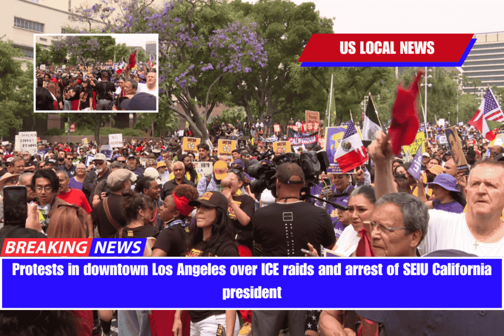 Protests in downtown Los Angeles over ICE raids and arrest of SEIU California president