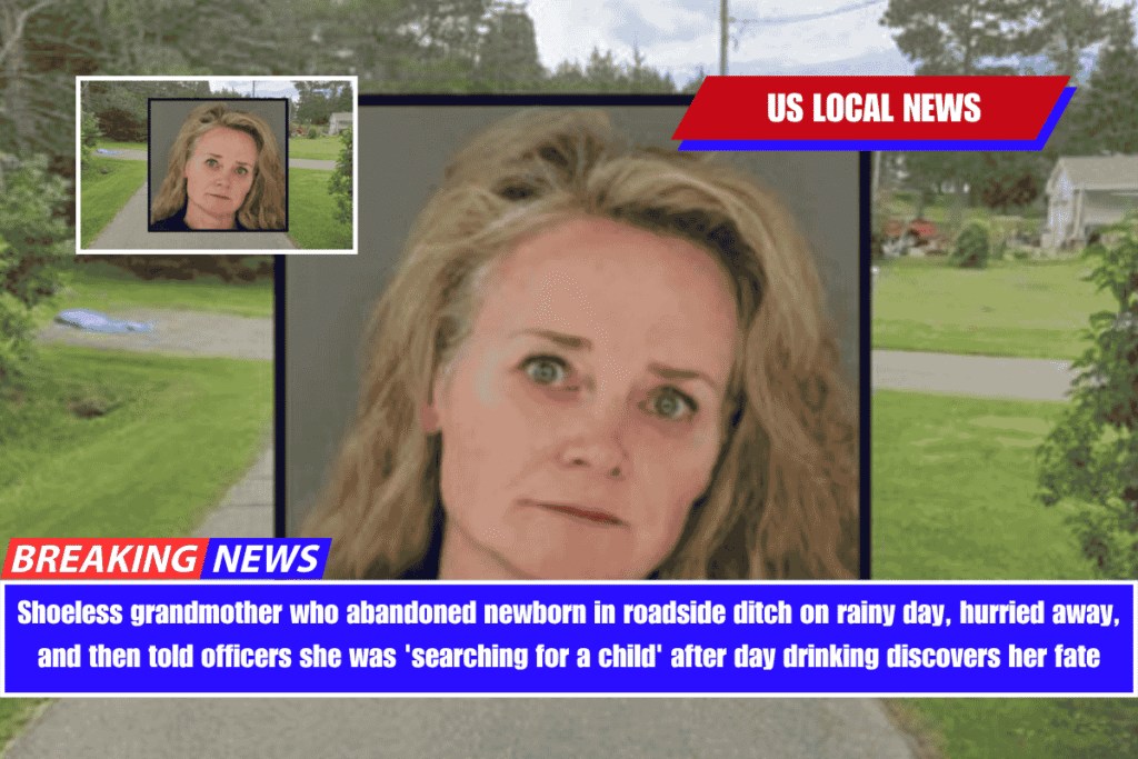 Shoeless grandmother who abandoned newborn in roadside ditch on rainy day, hurried away, and then told officers she was 'searching for a child' after day drinking discovers her fate