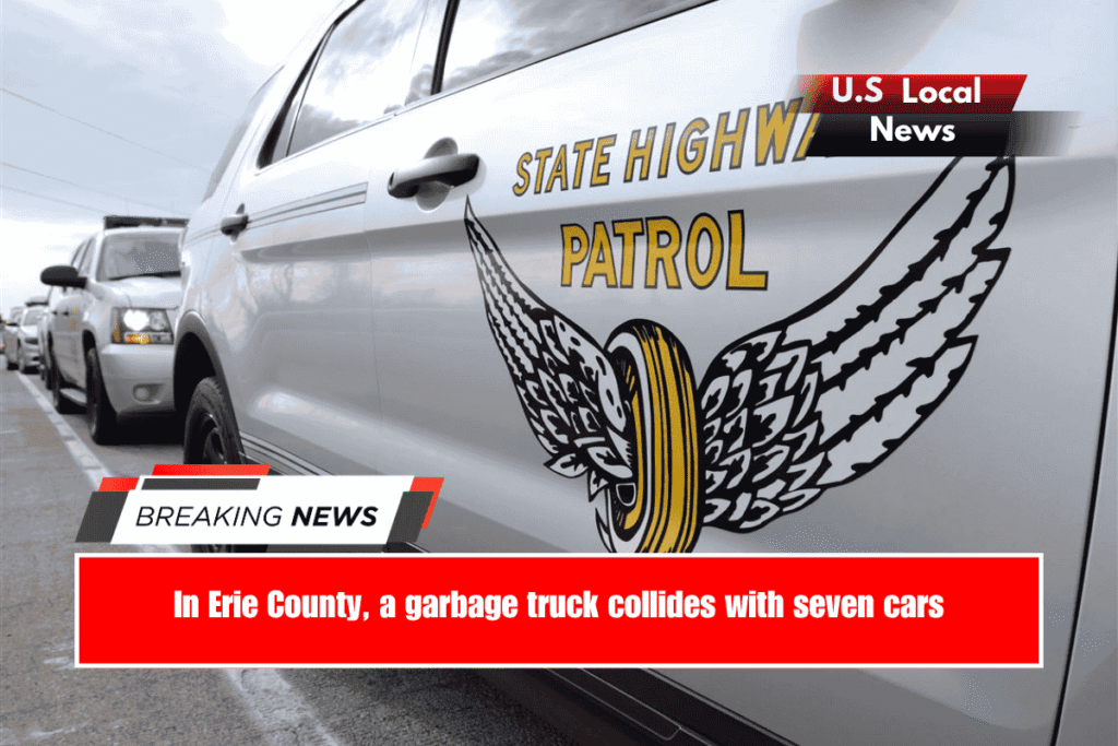In Erie County, a garbage truck collides with seven cars