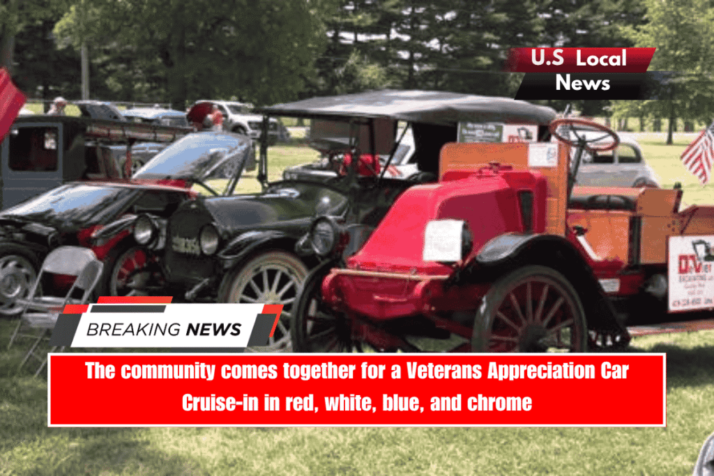 The community comes together for a Veterans Appreciation Car Cruise-in in red, white, blue, and chrome