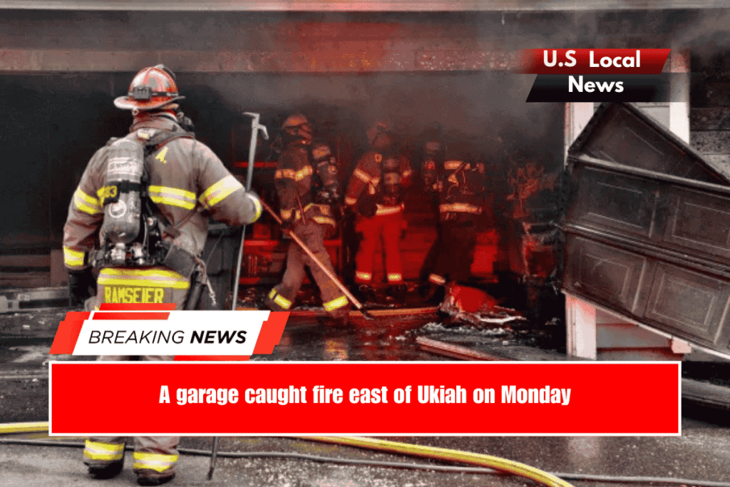 A garage caught fire east of Ukiah on Monday