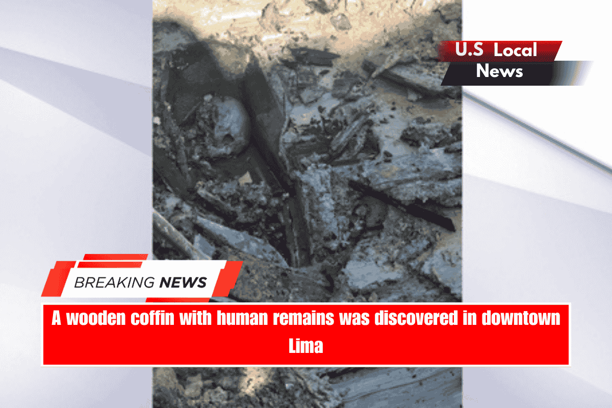 A wooden coffin with human remains was discovered in downtown Lima