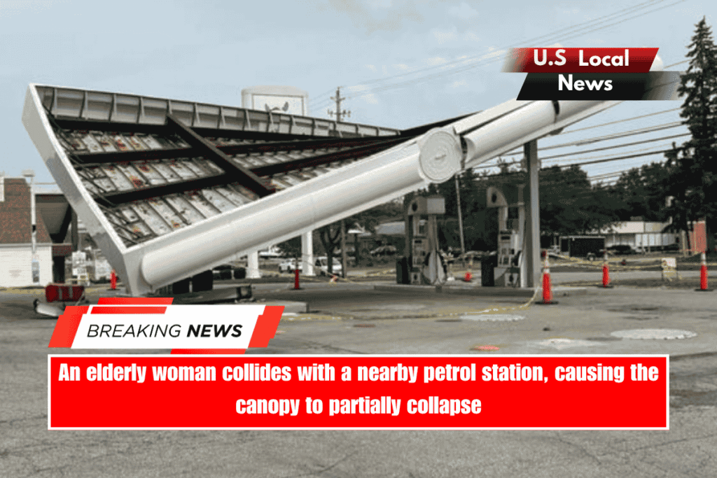 An elderly woman collides with a nearby petrol station, causing the canopy to partially collapse