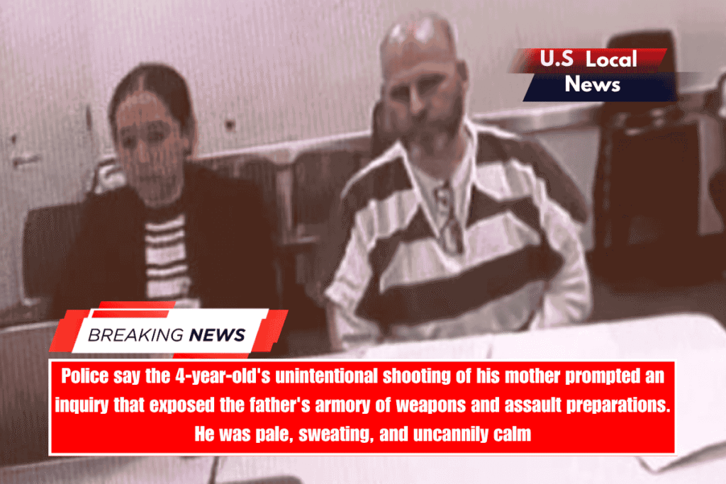 Police say the 4-year-old's unintentional shooting of his mother prompted an inquiry that exposed the father's armory of weapons and assault preparations. He was pale, sweating, and uncannily calm