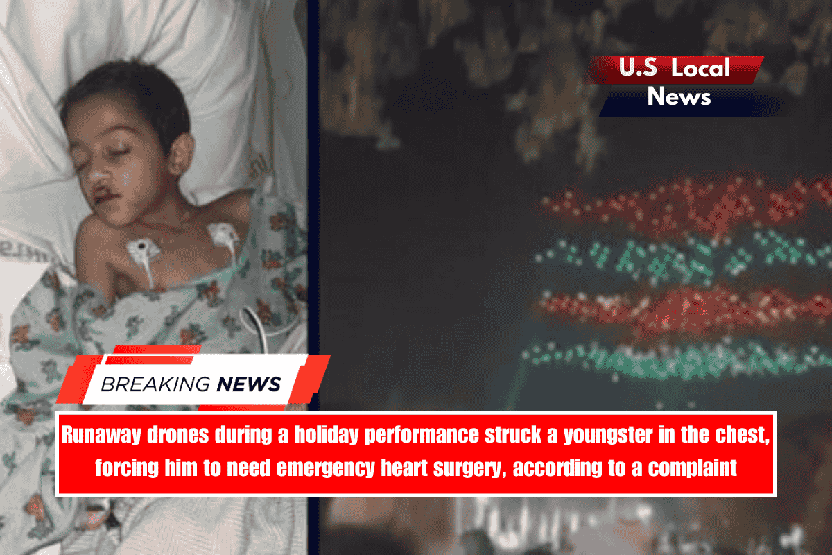 Runaway drones during a holiday performance struck a youngster in the chest, forcing him to need emergency heart surgery, according to a complaint