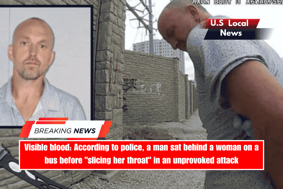 Visible blood According to police, a man sat behind a woman on a bus before slicing her throat in an unprovoked attack