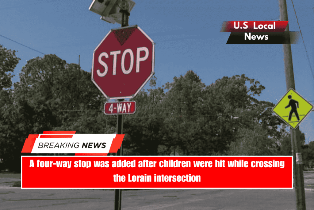 A four-way stop was added after children were hit while crossing the Lorain intersection