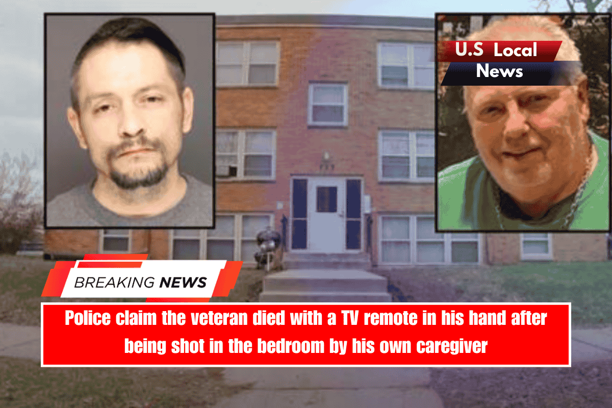 Police claim the veteran died with a TV remote in his hand after being shot in the bedroom by his own caregiver
